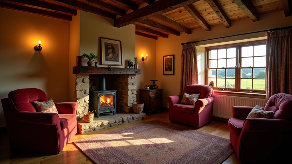 Stone cottage interior with warm fireplace, traditional furnishings, and cozy seating area lit by natural window light
