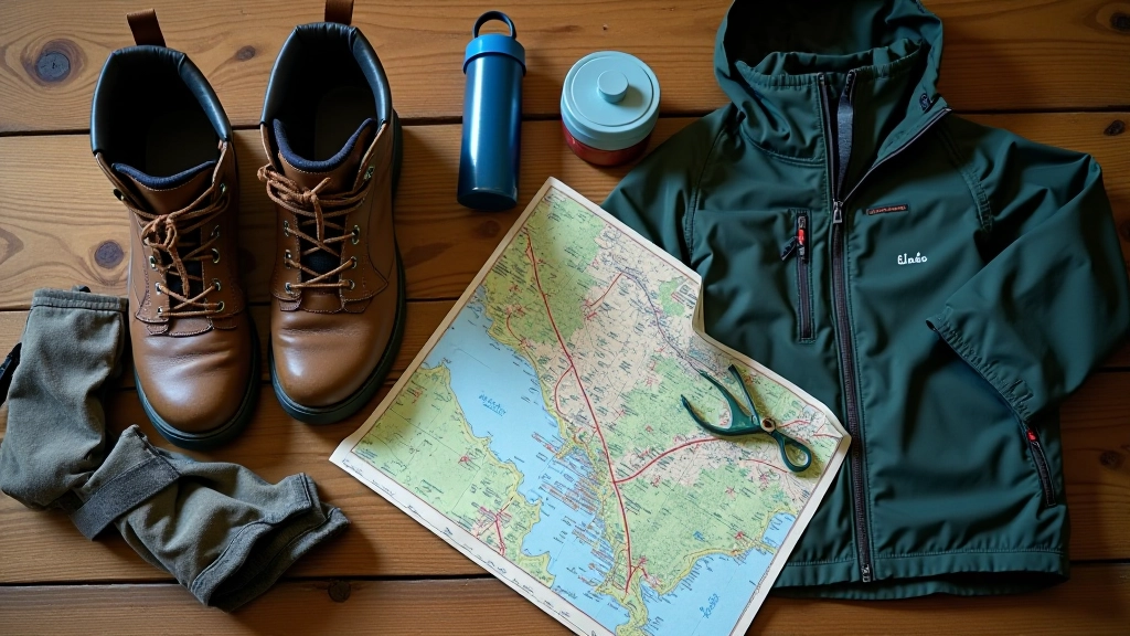 Hiking boots and walking gear arranged on rustic wooden surface, waterproof jacket folded nearby, water bottle and snacks, outdoor preparation