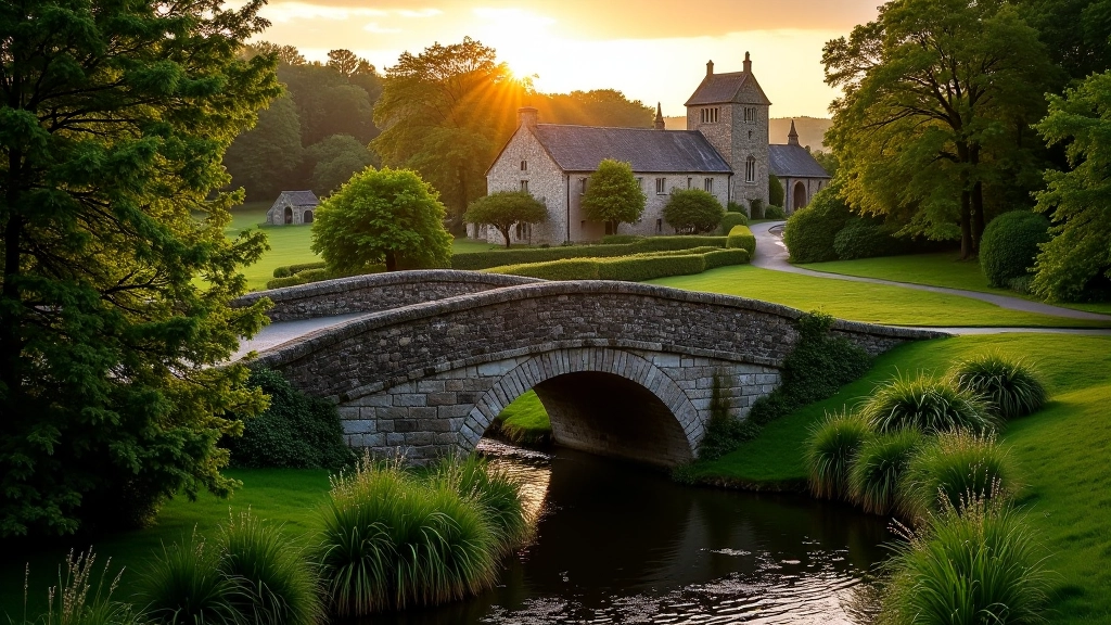Maigue River flowing beneath stone bridge with medieval church ruins and green hills in background