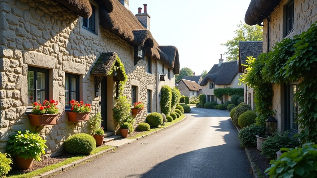 Charming village street with colorful flower boxes and historic stone buildings