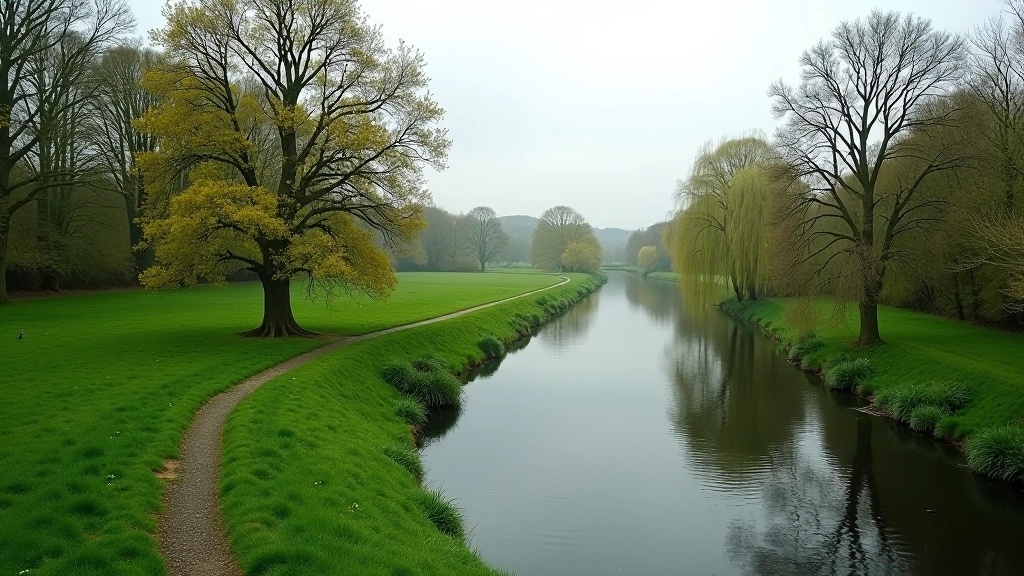 Serene Maigue River walking path lined with trees and green countryside in Limerick