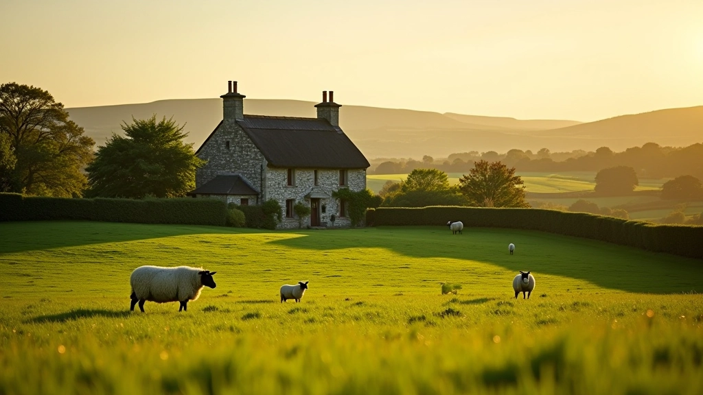 Pastoral Irish farmland with rolling green hills, grazing animals, traditional stone walls, and countryside landscape in golden light