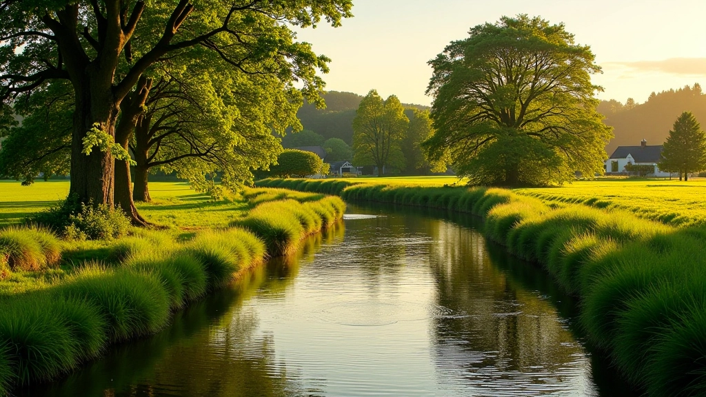 Maigue river flowing gently through pastoral Irish countryside with rolling green fields and native trees, golden hour sunlight