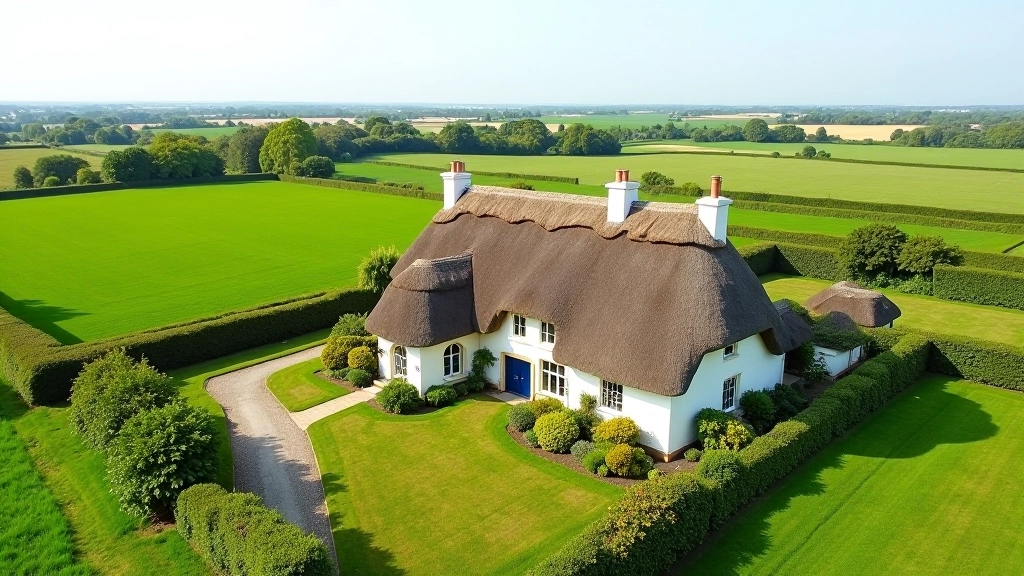 Aerial view of thatched cottage surrounded by Irish countryside, green fields, winding country roads, rural landscape