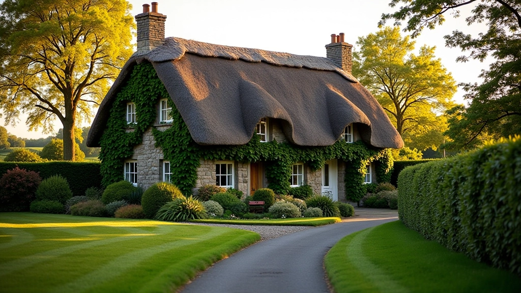 Cozy stone cottage with ivy-covered walls and traditional thatched roof in Adare village