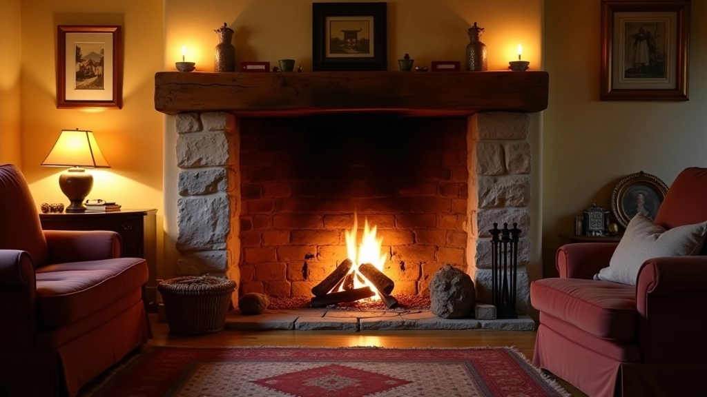 Cozy cottage interior showing traditional fireplace with warm fire glowing, stone hearth, comfortable seating arrangement, warm ambient lighting
