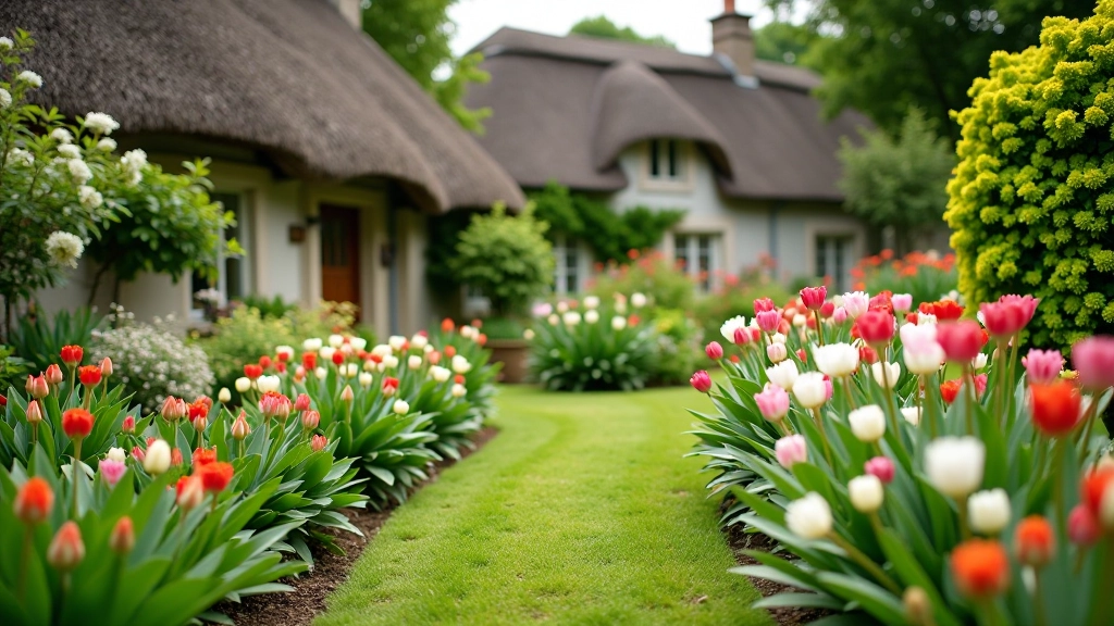 Cottage garden in springtime with blooming flowers and fresh greenery, traditional stone cottage visible in background, colorful garden borders, natural morning light