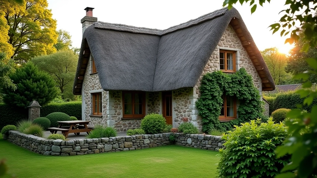 Traditional stone cottage with thatched roof nestled in green Irish countryside, stone walls with climbing ivy, cottage garden in foreground